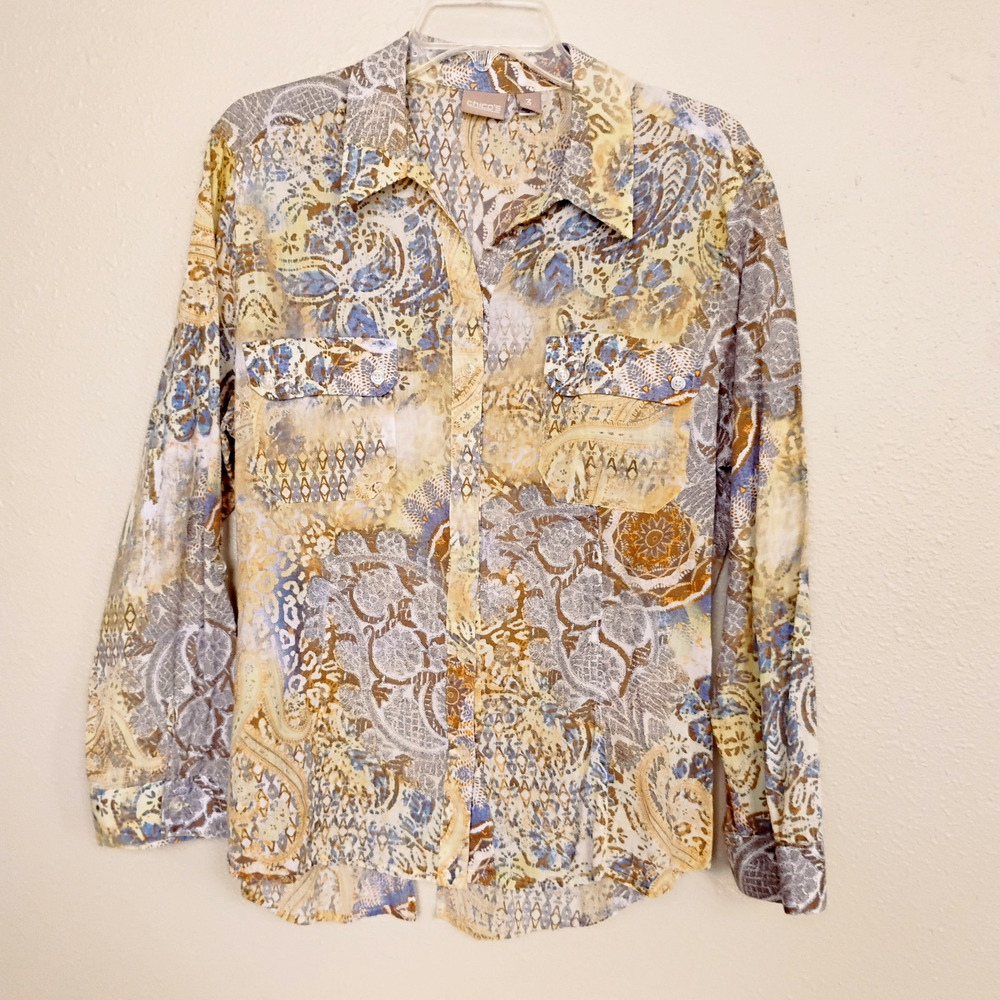 Chico's Blouse Multicolor Cotton Button-up ~ Size 3 (16-18)